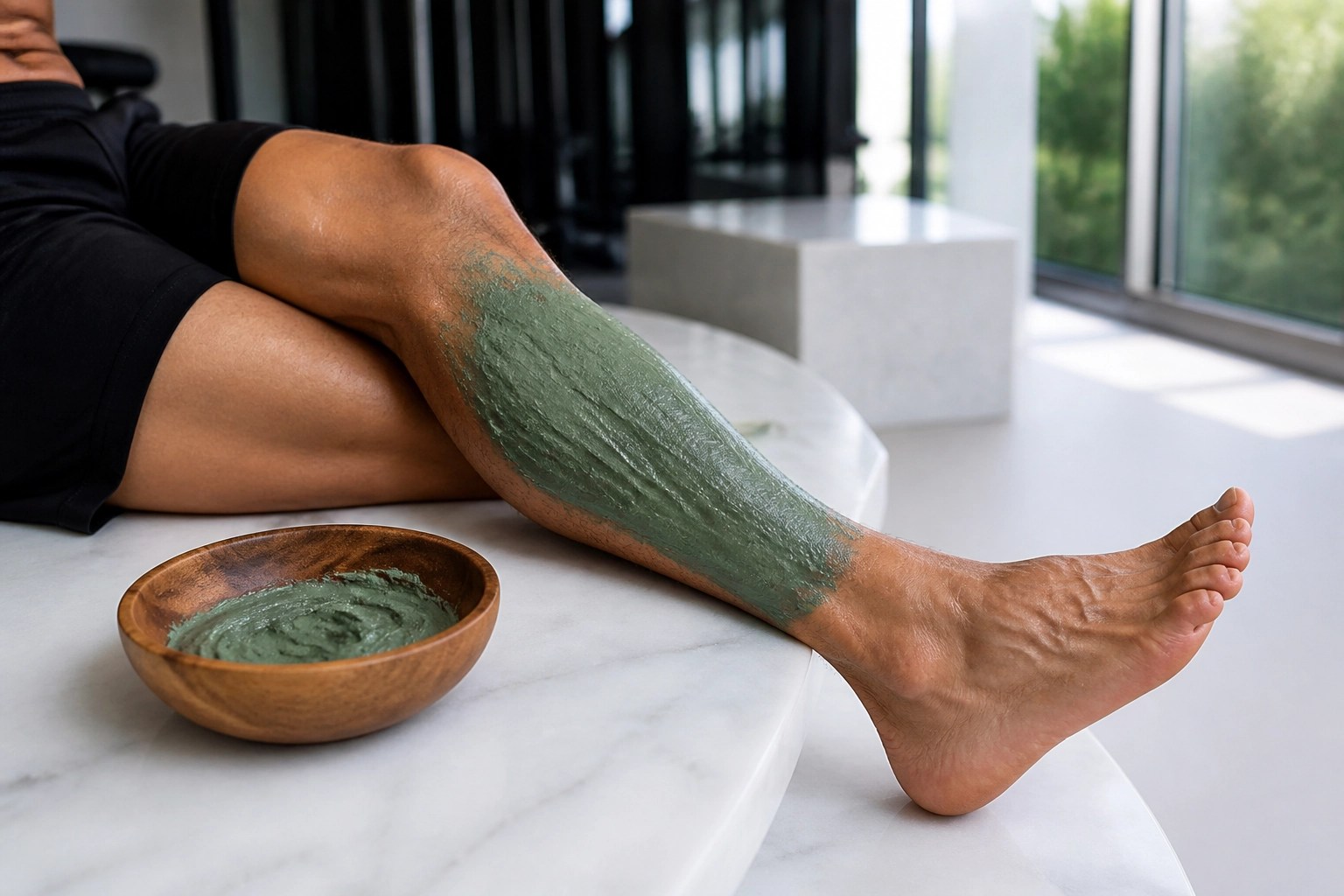 Athlete applying French green clay paste to calf muscle for HIIT recovery and inflammation relief.