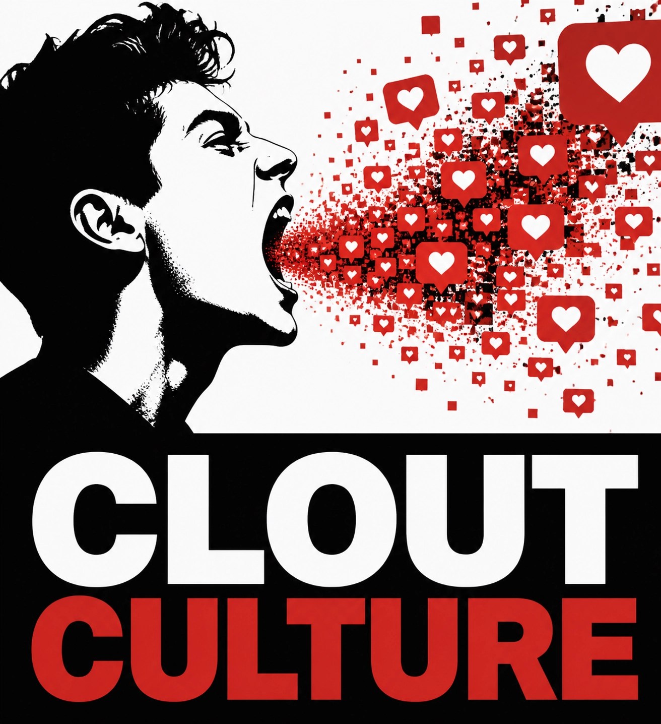 Minimalist graphic of a person shouting social media icons illustrating viral clout culture and digital drama.