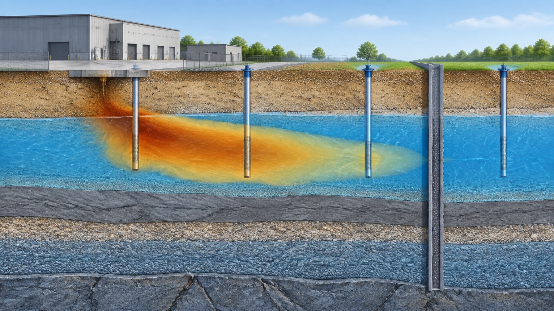 Technical cross-section showing a localized groundwater plume bounded by monitoring wells and a clean downgradient sentinel point