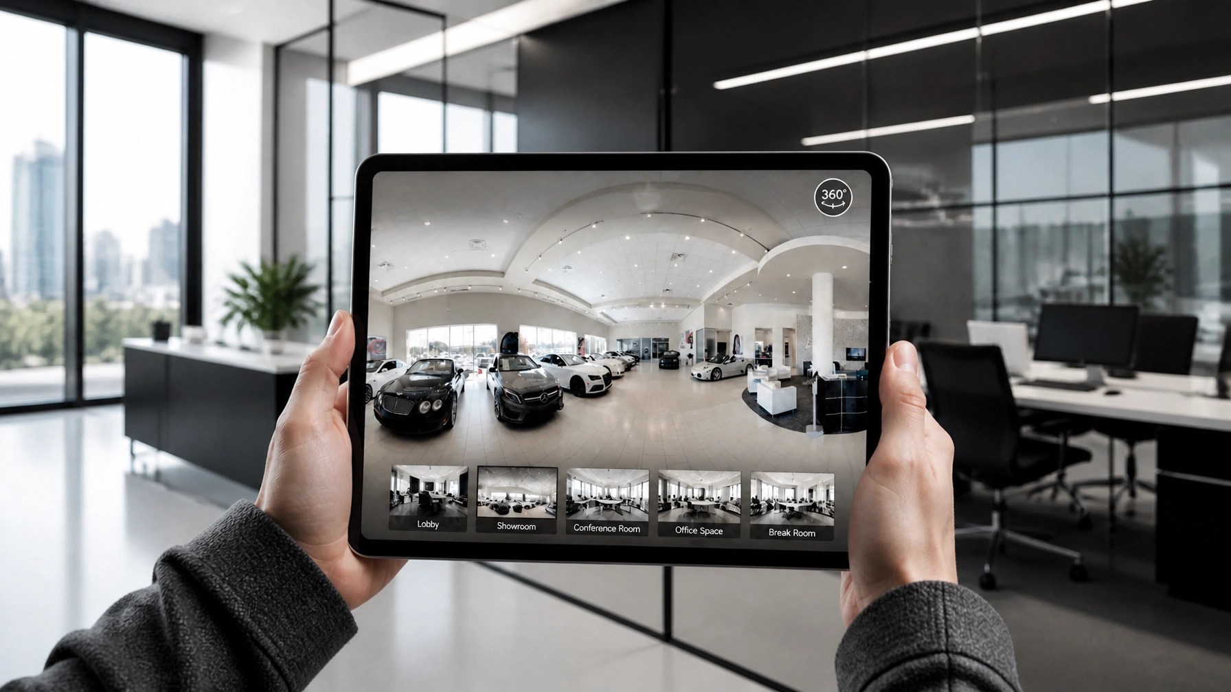 Tablet showing a 360 virtual tour in an office Person holding a tablet that shows a 360 virtual tour of a commercial space in a clean office setting.