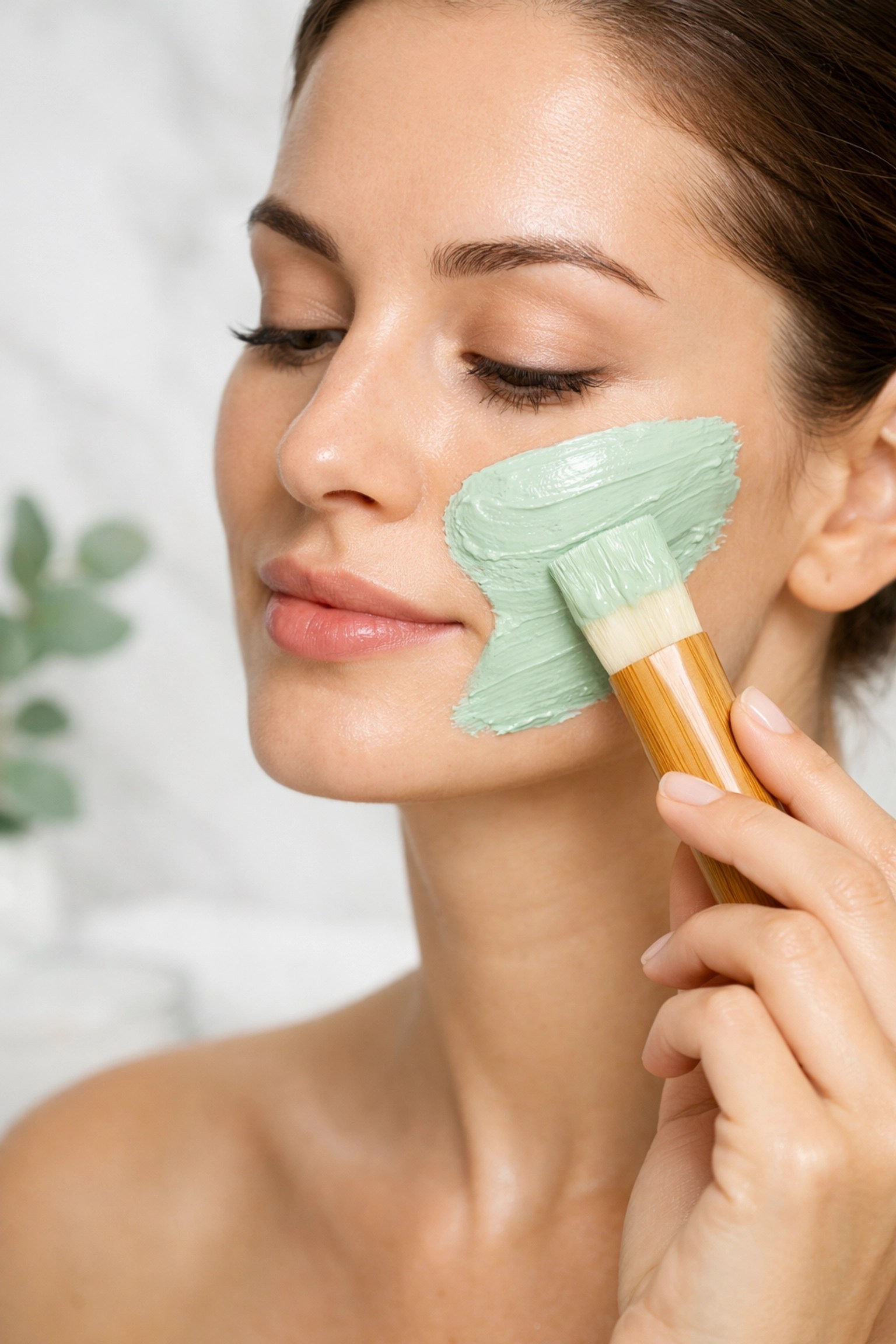 Person applying a smooth green bentonite clay mask using a brush for a natural facial detox.