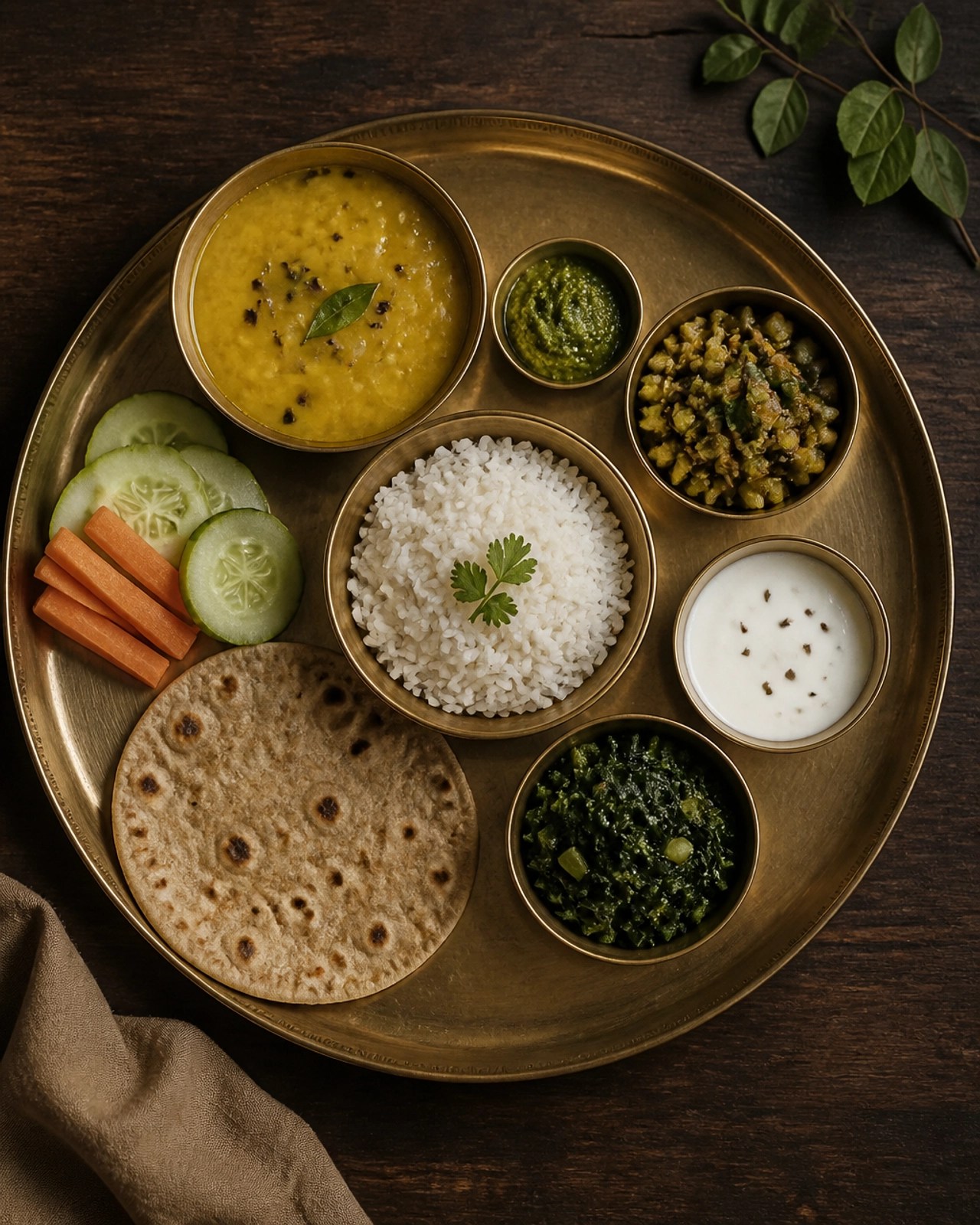 An overhead photograph of a balanced Ayurvedic meal in a brass thali featuring greens, dal, and rice.