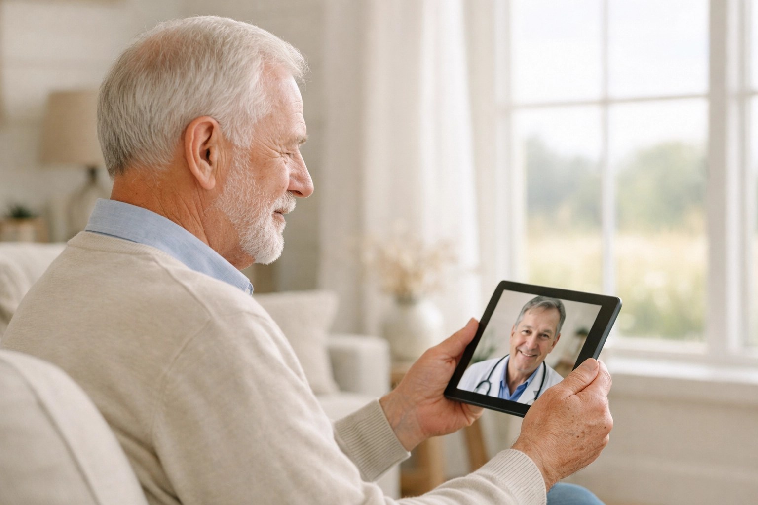 Elderly man in a rural home using a tablet for a telehealth medical appointment with his doctor.