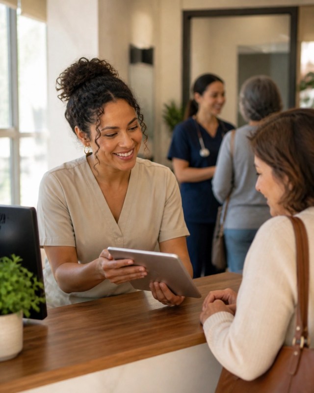 Front-desk coordinator helping a patient check in at a welcoming clinic