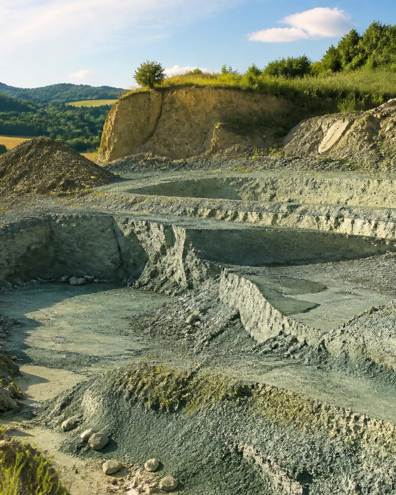 A sun-drenched landscape of an open-air clay quarry in the French countryside.
