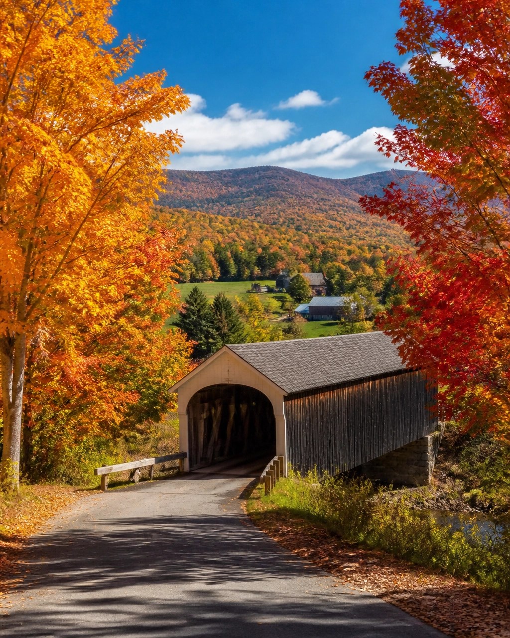 Quiet country road winding through vivid red, orange and golden New England foliage