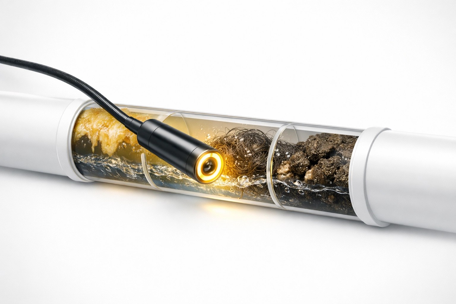 Video camera inspection revealing blockages and buildup inside residential drain pipe