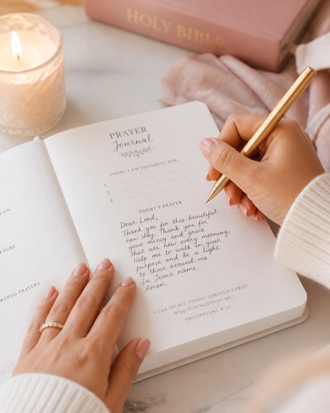 Close-up of a woman's hands writing in a Christian prayer journal with a gold pen
