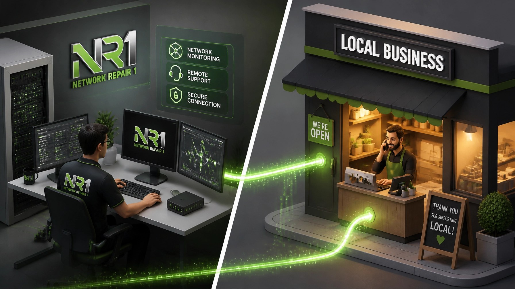Technician and business owner connected via a digital line representing remote support