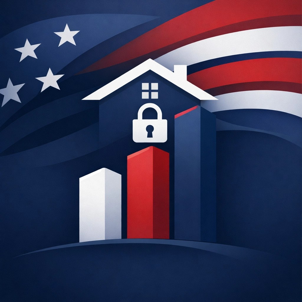 Minimalist patriotic house illustration representing stable housing and benefits for catastrophically disabled veterans.