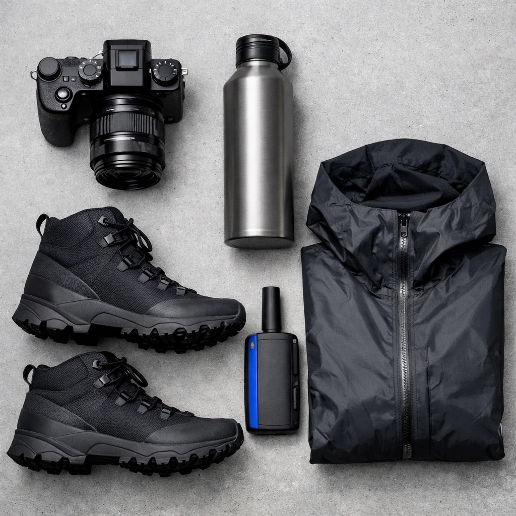 Essential adventure travel gear and minimalist equipment for a custom honeymoon travel itinerary.
