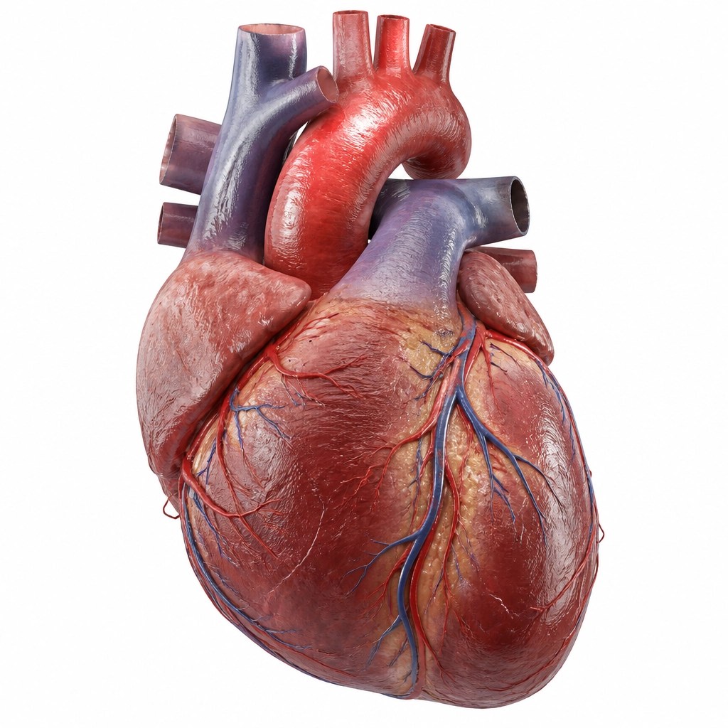 A realistic anatomical rendering of a human heart, showcasing the myocardium and vascular structures.