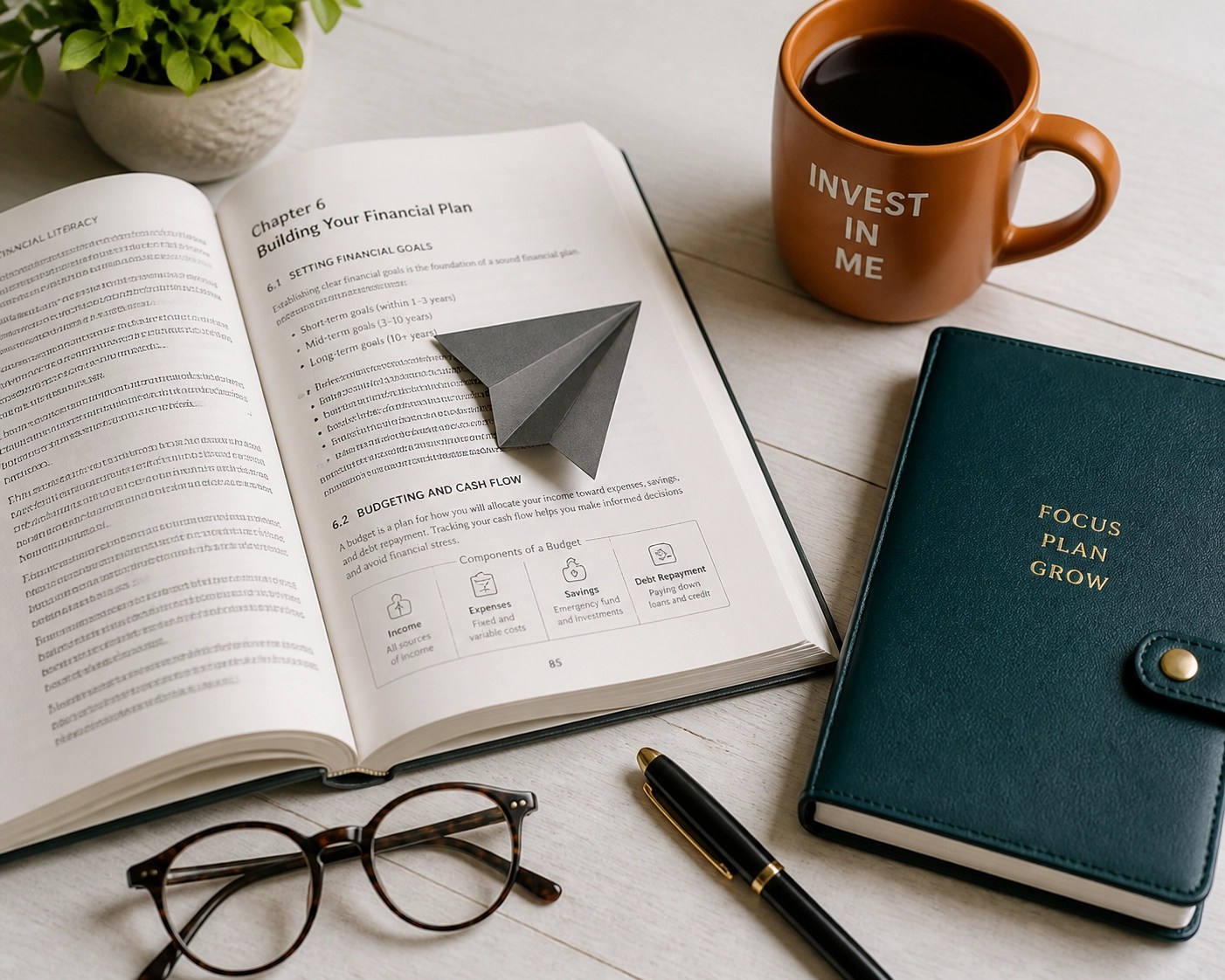 Organized student workspace with a textbook and planner, symbolizing an investment in debt-free education.