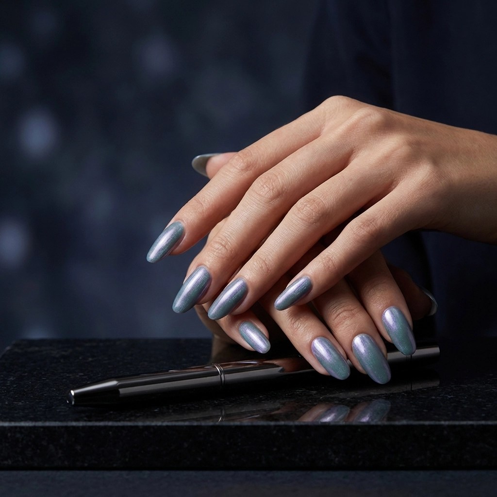 Close-up of hands with colorful e-ink nails and an AI nail device showcasing iPolish smart manicure innovation