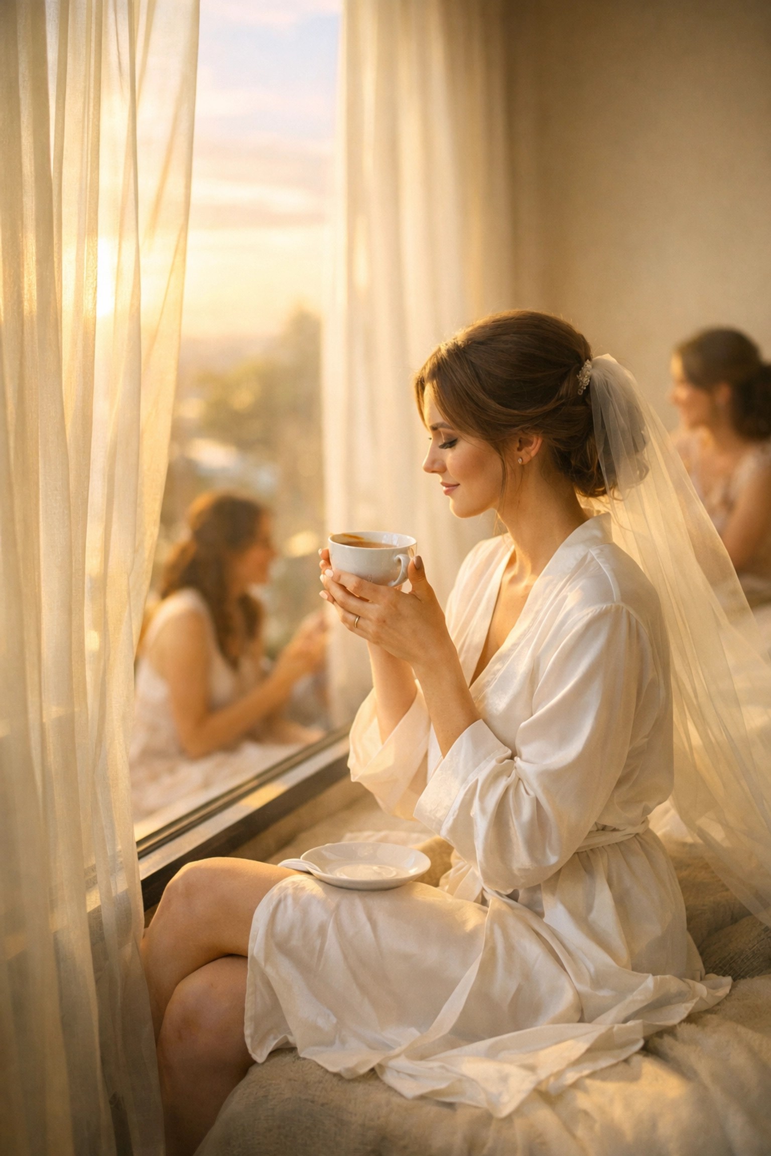 Bride enjoying tea by window with bridesmaids during peaceful Kent wedding morning preparations