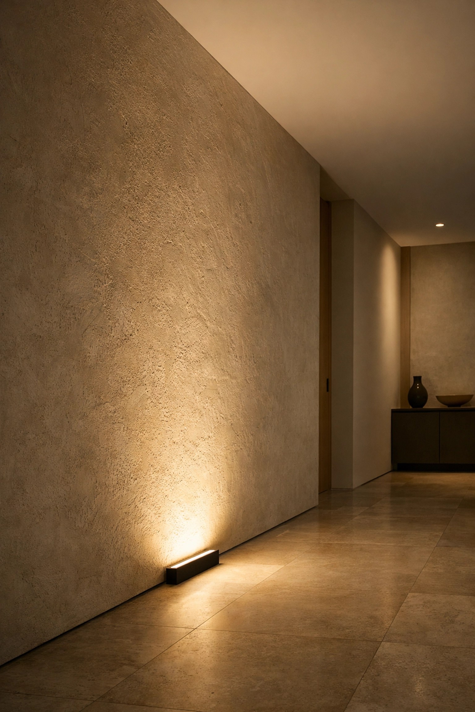 Intentional lighting design in a modern hallway using floor lights to highlight architectural textures.