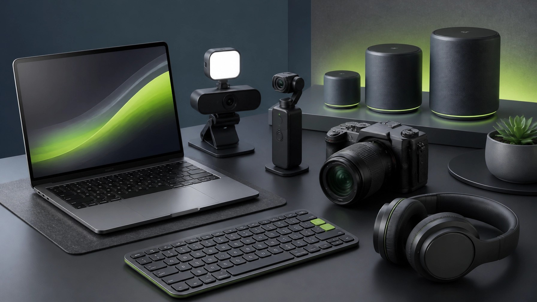 3D editorial illustration of a thin laptop, mirrorless camera, pocket gimbal camera, webcam, mesh Wi-Fi nodes, keyboard, and headphones on a studio desk