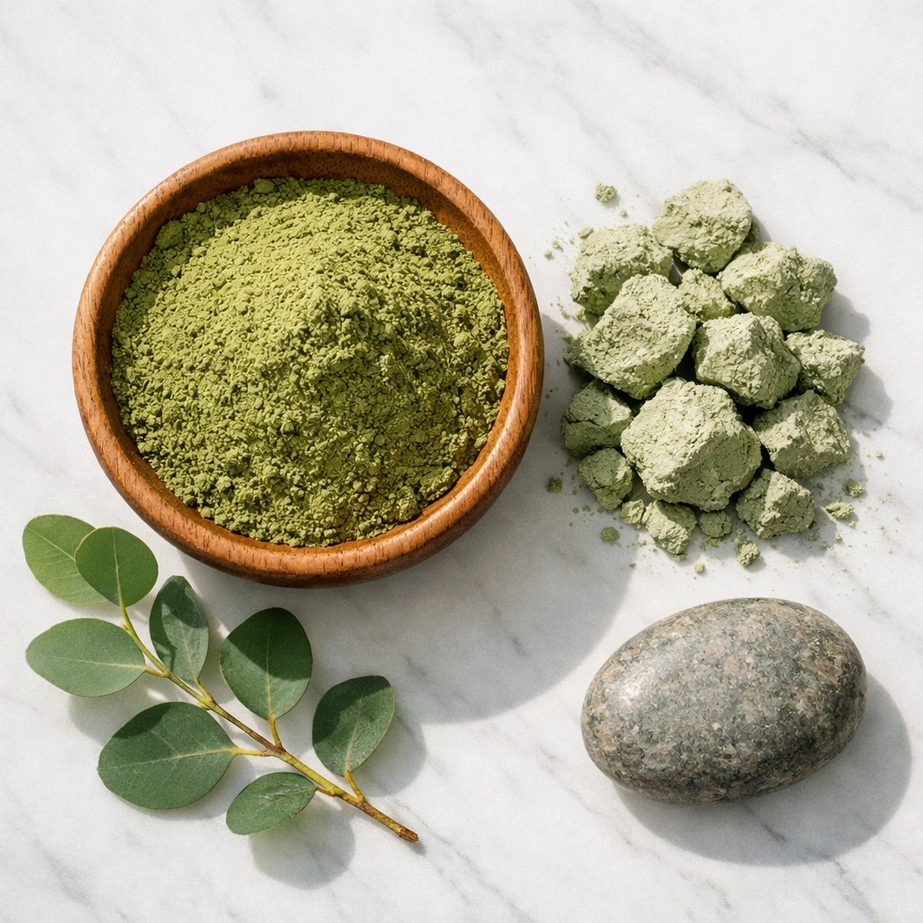 Natural green illite clay powder and raw mineral rocks in a wooden bowl with eucalyptus on marble.