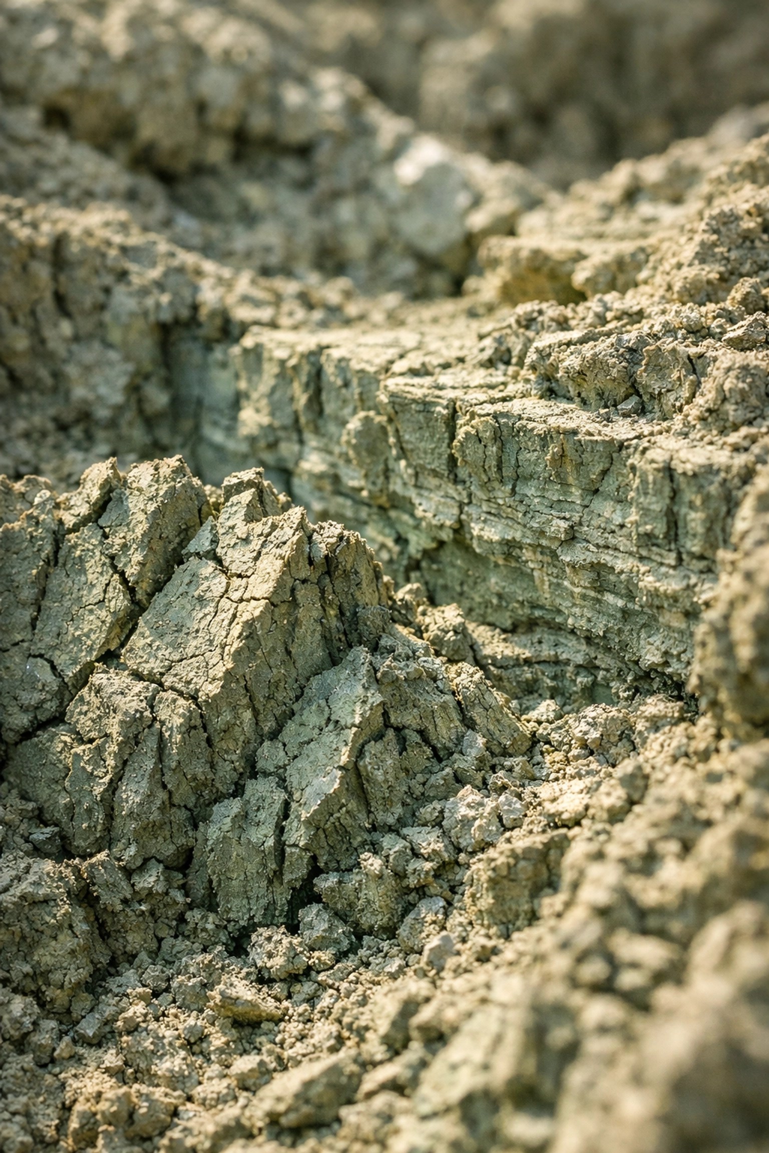 Detailed macro shot of pure raw French green clay showing mineral deposits in a natural quarry.