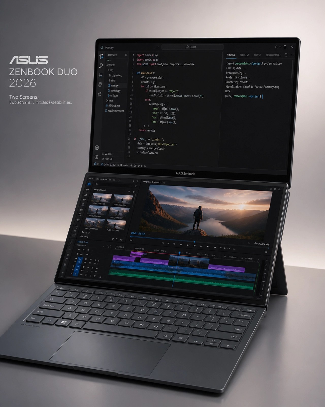 The Asus Zenbook Duo 2026 dual-screen laptop illustration