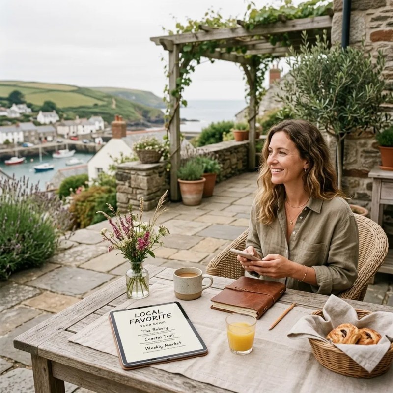 A guest relaxing on a scenic patio using a digital tablet for local recommendations