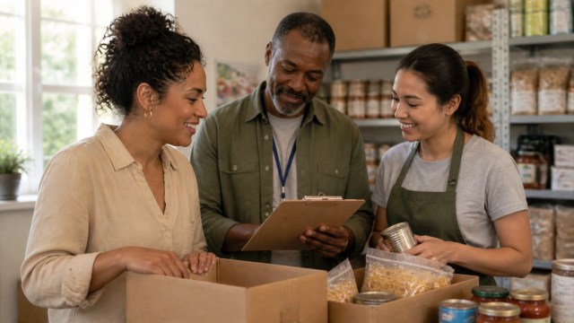 Food bank staff and a volunteer organize supplies and review a service checklist