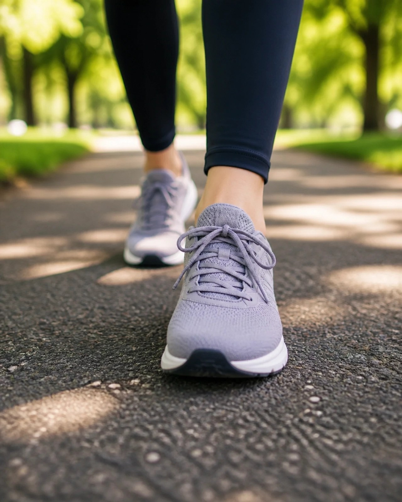 A person's feet in comfortable walking shoes on a sun-dappled park path