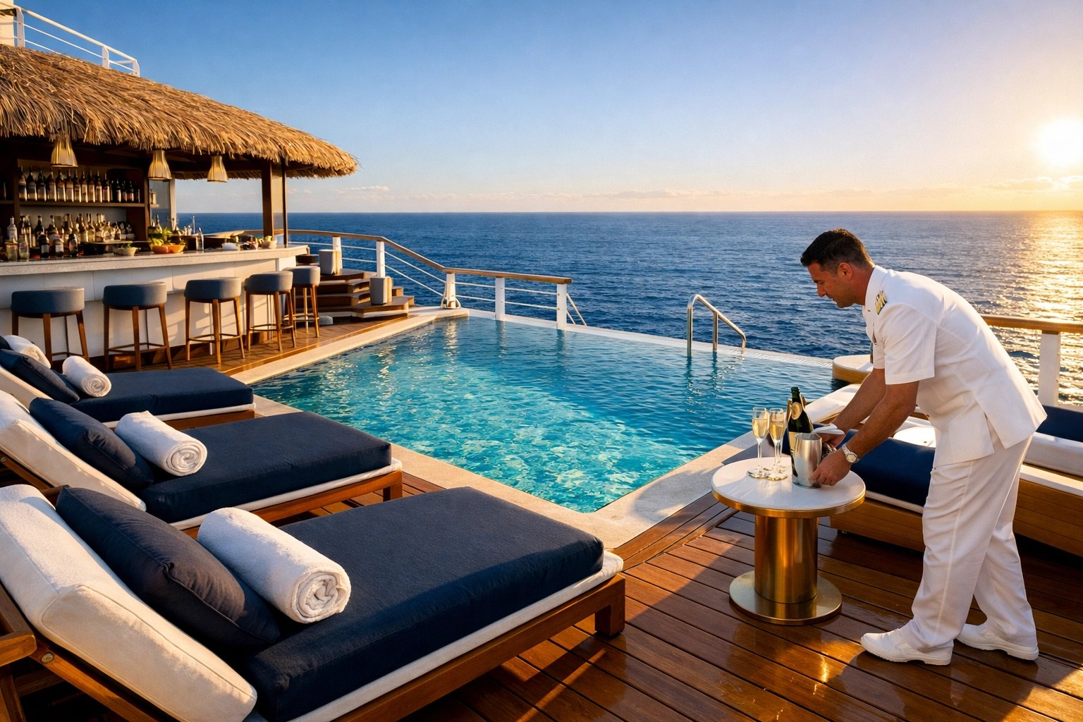 Private pool deck on exclusive cruise ship suite with butler service and ocean views