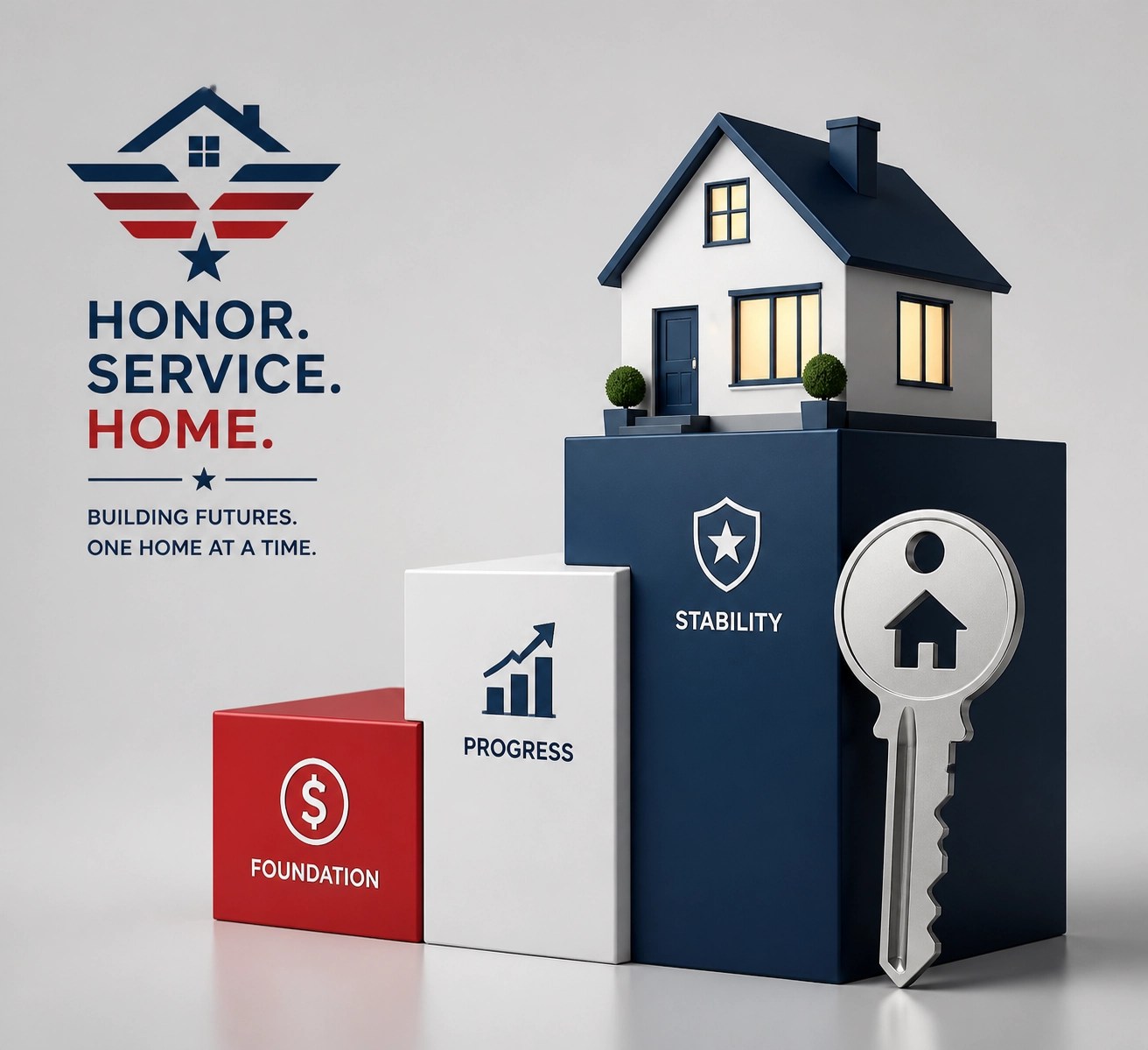 Modern house and key on rising platforms symbolizing affordable VA loans and lower veteran closing costs.