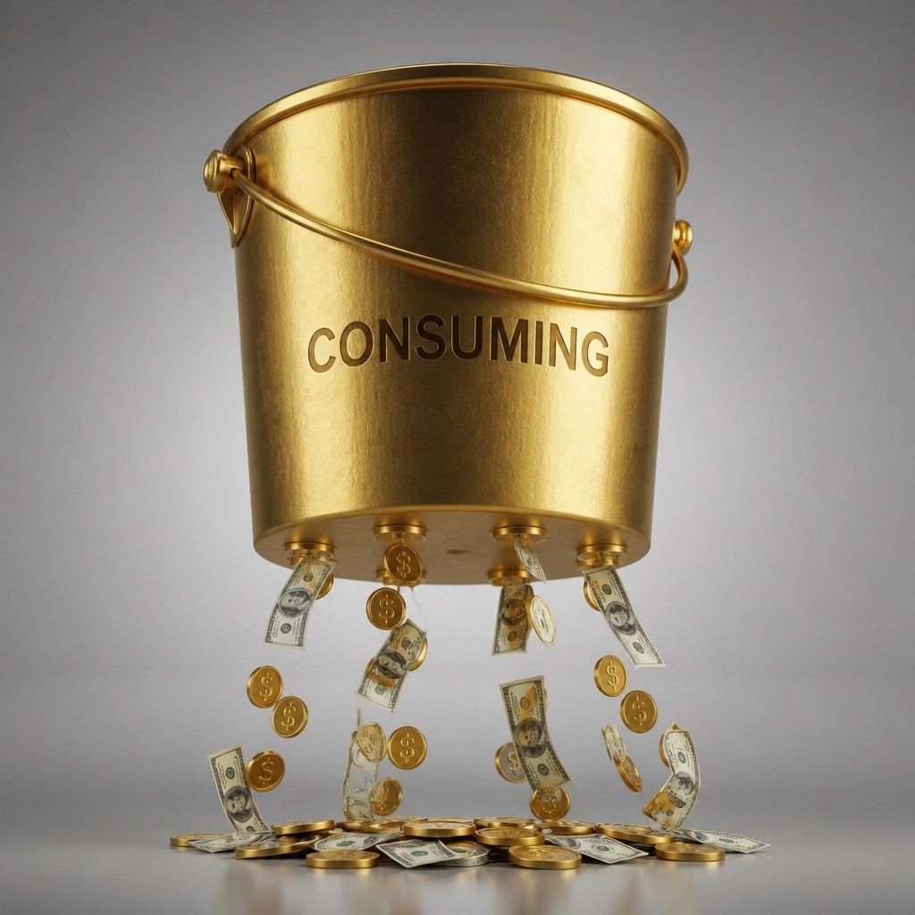 Abstract illustration of a leaky bucket with coins falling out