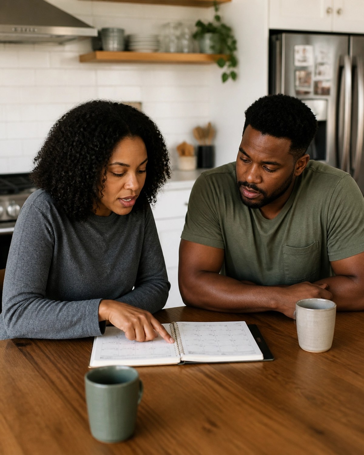 A Black mother and father sitting at a kitchen table, having a calm and focused conversation while looking at a notebook.