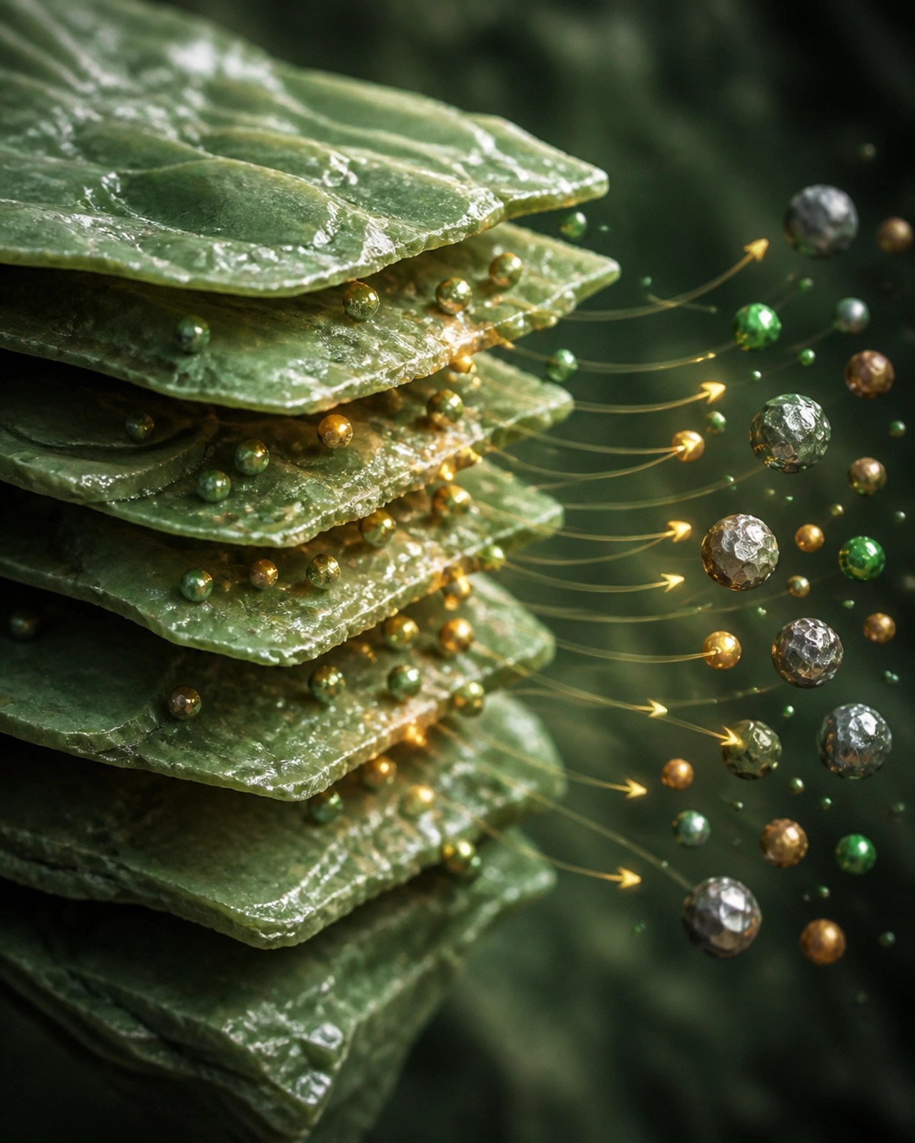 Scientific visualization of clay mineral layers attracting toxins through adsorption