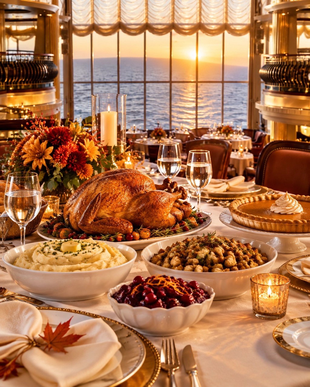Beautiful traditional Thanksgiving dinner arranged on a cruise ship table with turkey, side dishes, and pumpkin pie