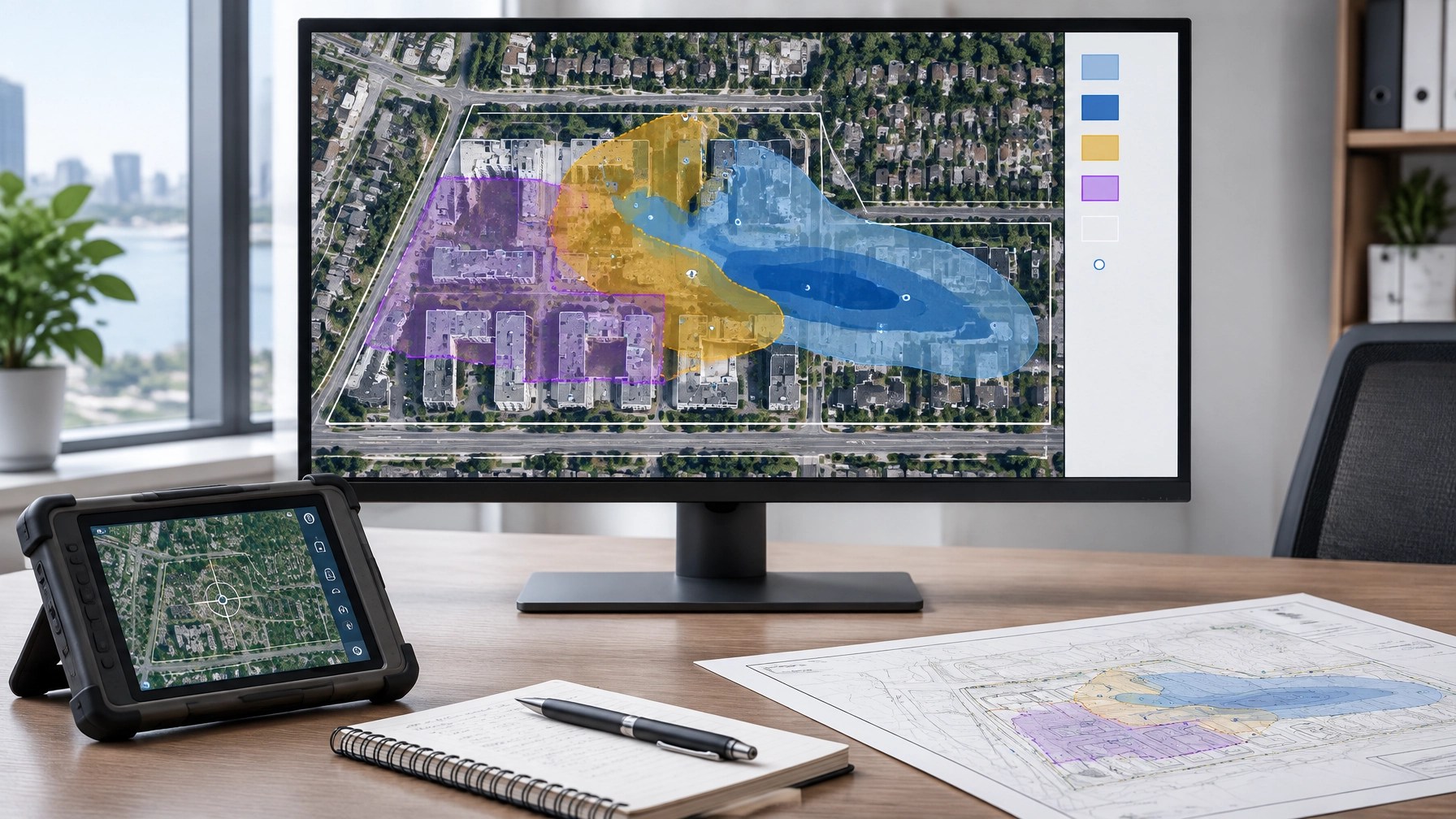 GIS map showing layered soil, groundwater, and indoor air notification areas