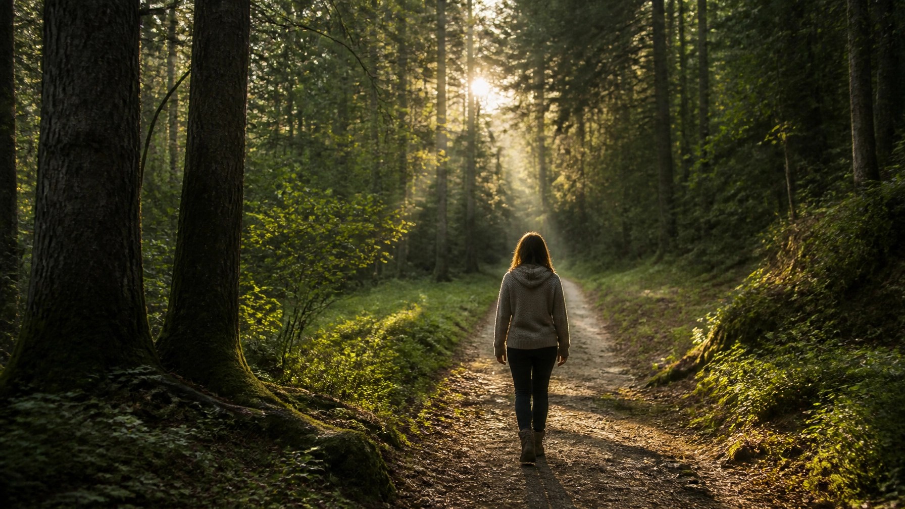 A person walking a quiet path through a forest, representing the journey of healing and the small steps toward emotional clarity.