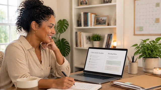 Solo consultant reviewing an AI-prepared intake checklist and meeting notes