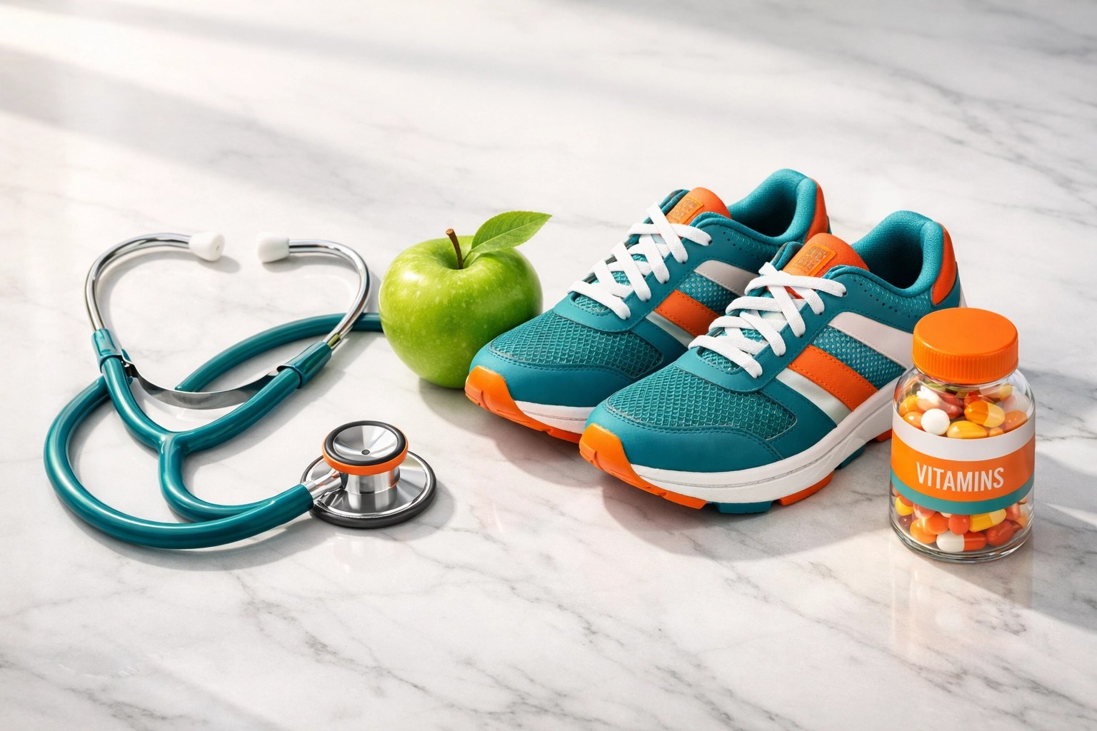 Stethoscope, fresh apple, and running shoes representing New York health insurance preventive care benefits.