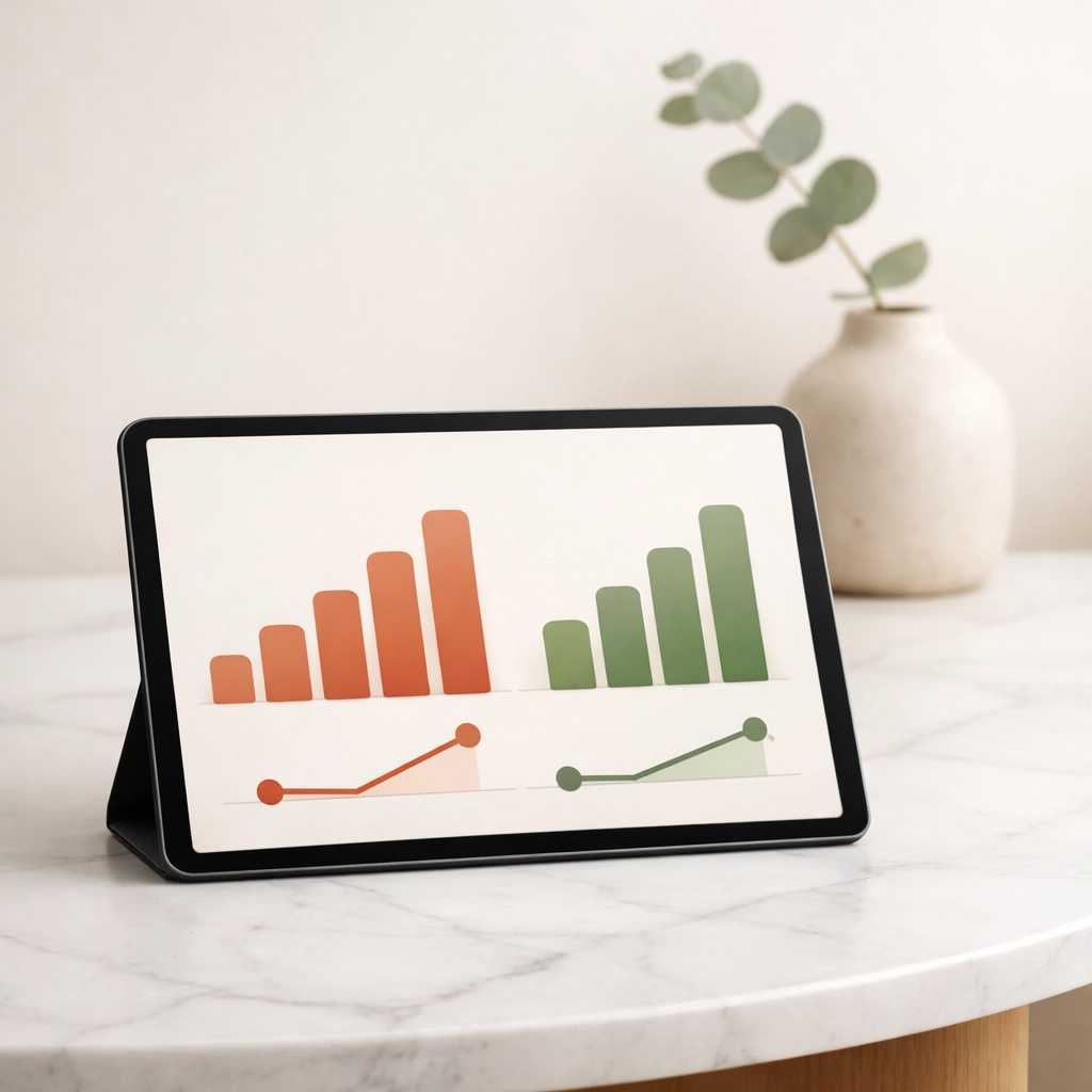 Smart tablet displaying real-time home energy monitoring data on a minimalist tabletop.