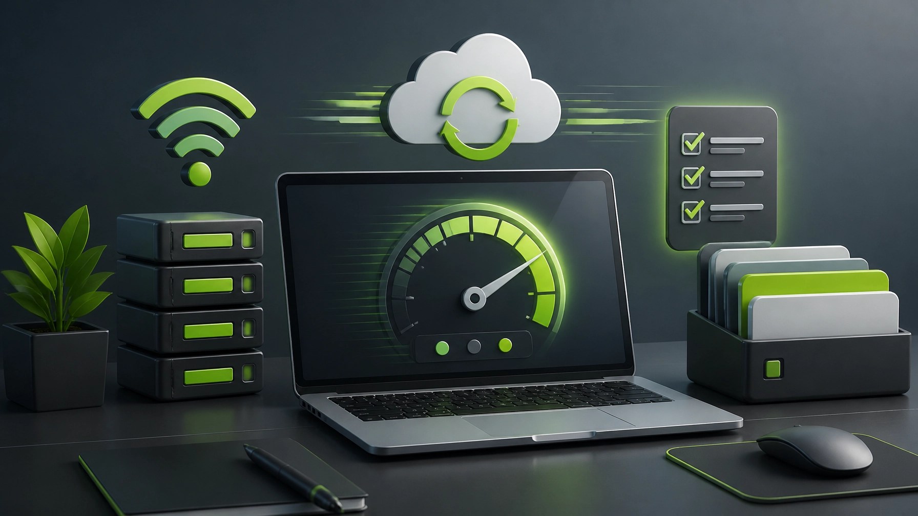Optimized desktop workstation with performance gauge, cloud sync, network signal, organized storage, and green productivity accents