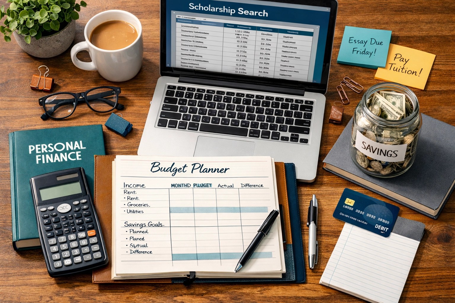 Financial aid and money management workspace with a budget planner, calculator, laptop, and scholarship materials.