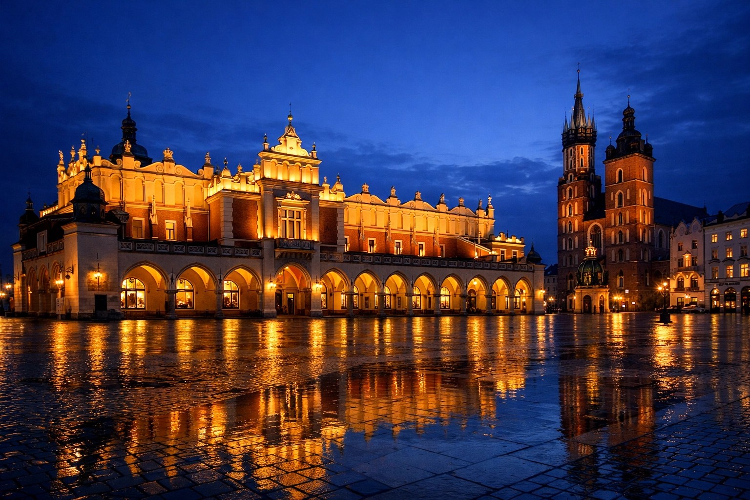 The illuminated medieval Main Market Square in Krakow at twilight with the historic Cloth Hall.
