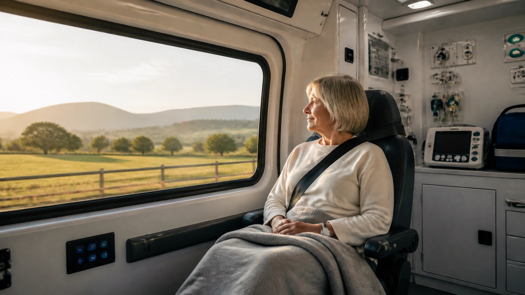 A patient looking out at a peaceful rural landscape from the comfort of a clean, specialized transport vehicle