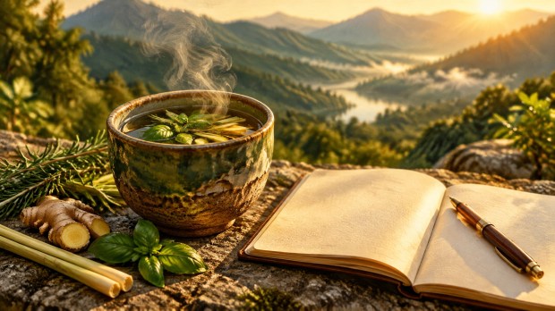 A steaming cup of herbal tea rests beside a blank journal in the stillness of morning