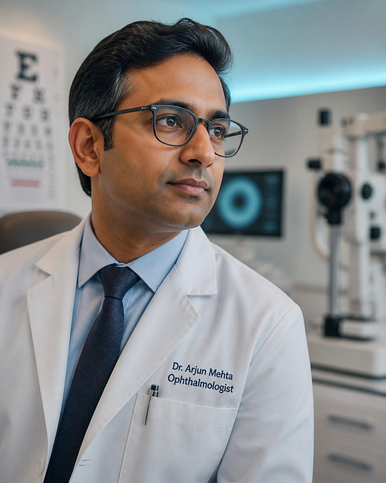 A professional portrait of an individual ophthalmologist in a thoughtful, focused pose.
