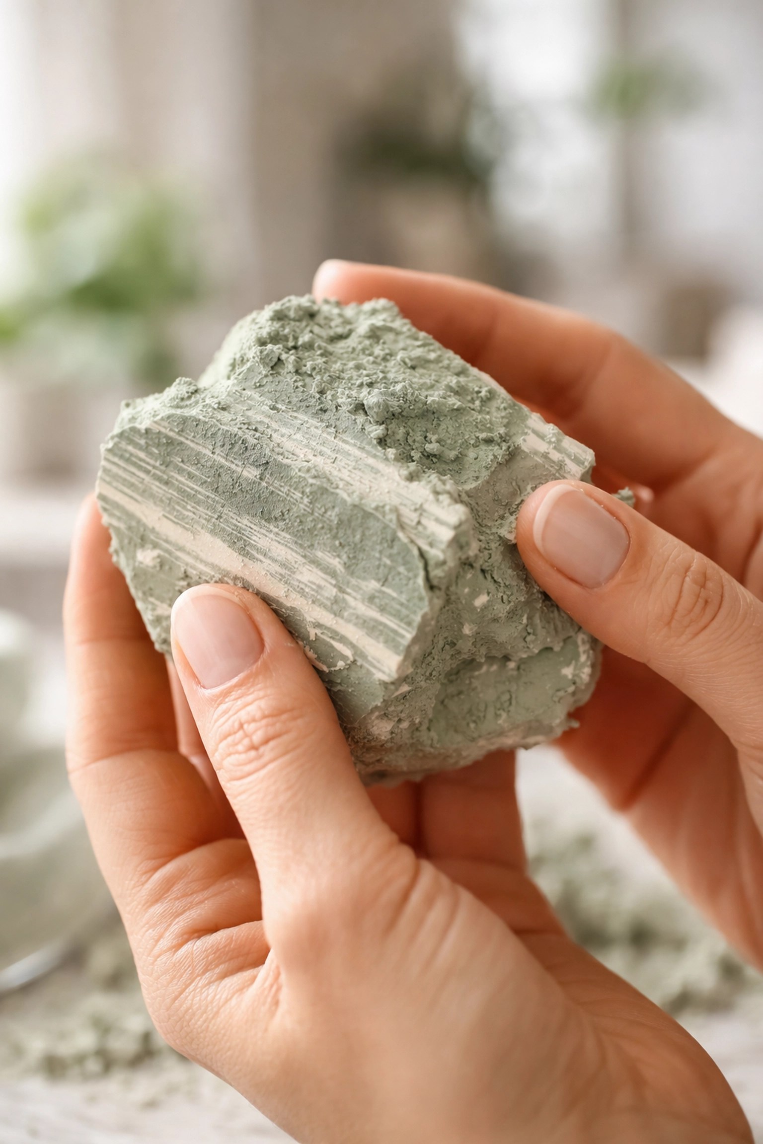 Hands examining raw French green clay chunk to verify quality and mineral composition