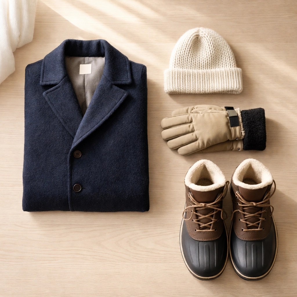 Essential winter clothing arranged with coat, hat, gloves, and boots for safe travel to appointments
