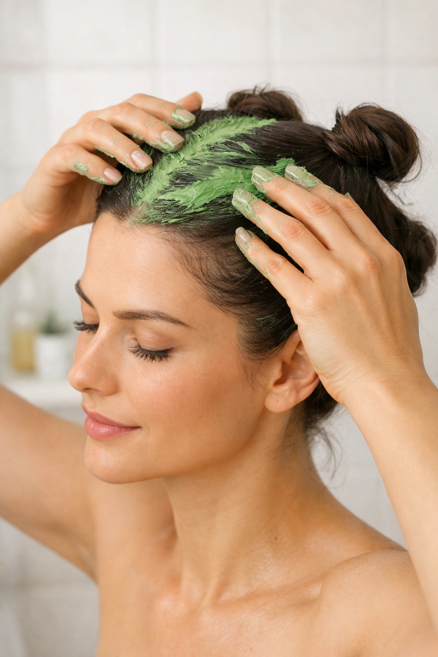 Woman applying green clay mask to sectioned hair and scalp for hair detox treatment