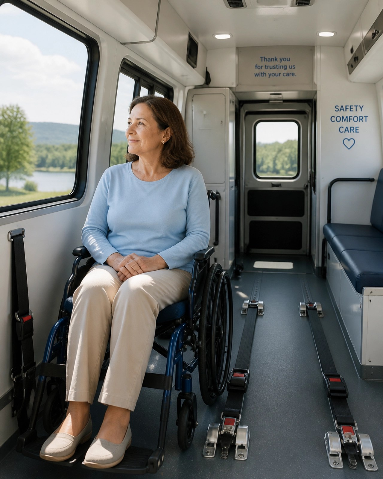 A patient sitting comfortably and safely inside a modern medical transport vehicle, reflecting the peace of mind that comes with reliable service.
