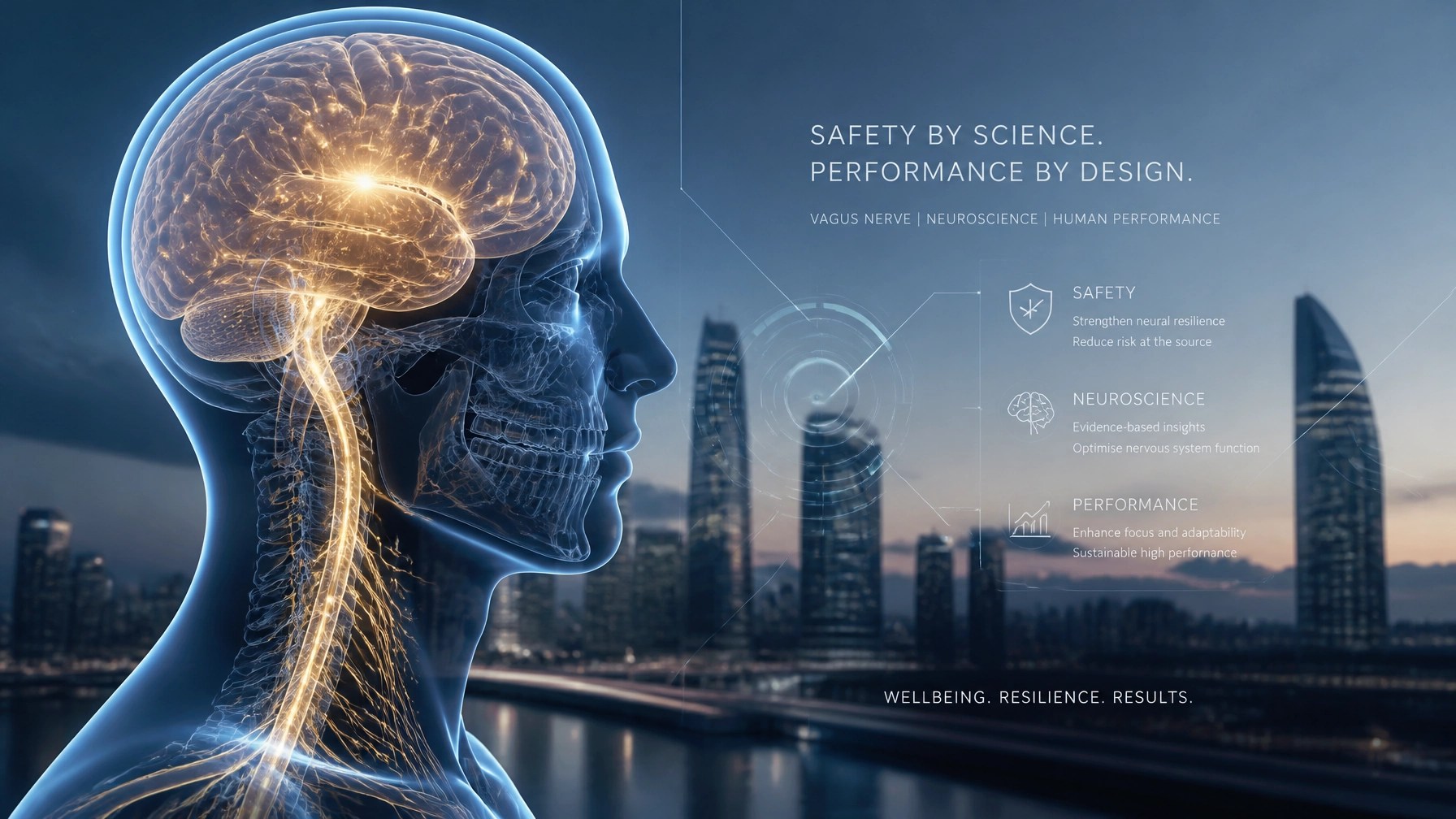 A futuristic neuroscience safety visual showing an illuminated human brain and vagus nerve pathways layered over a sleek corporate skyline and digital executive interface.
