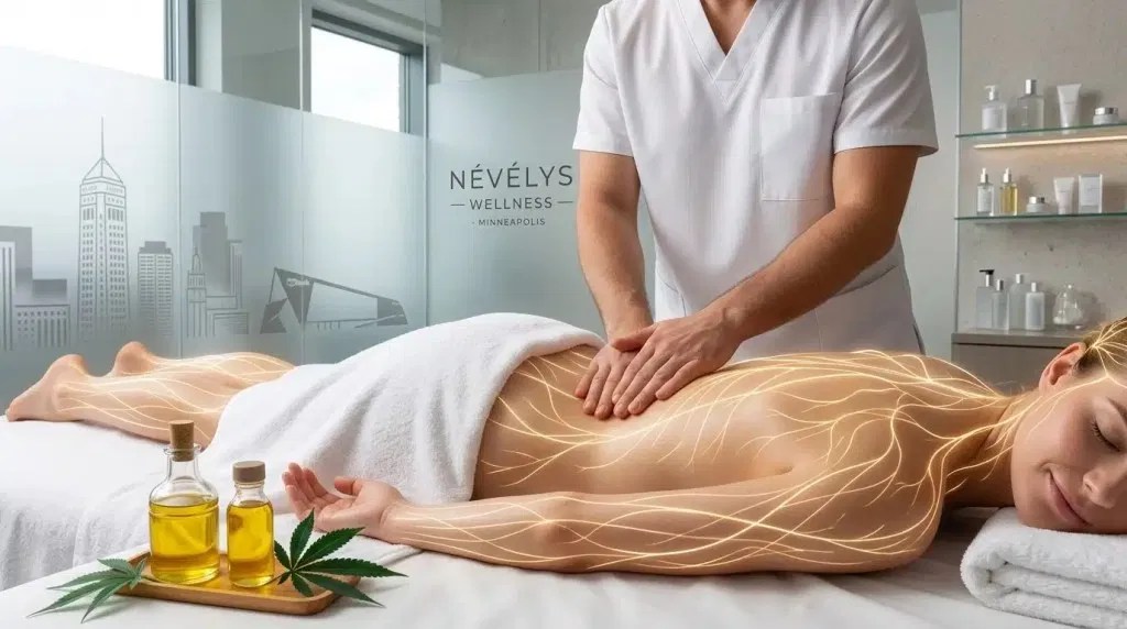 A therapist performs a lymphatic drainage massage in a modern, gold-accented clinic setting